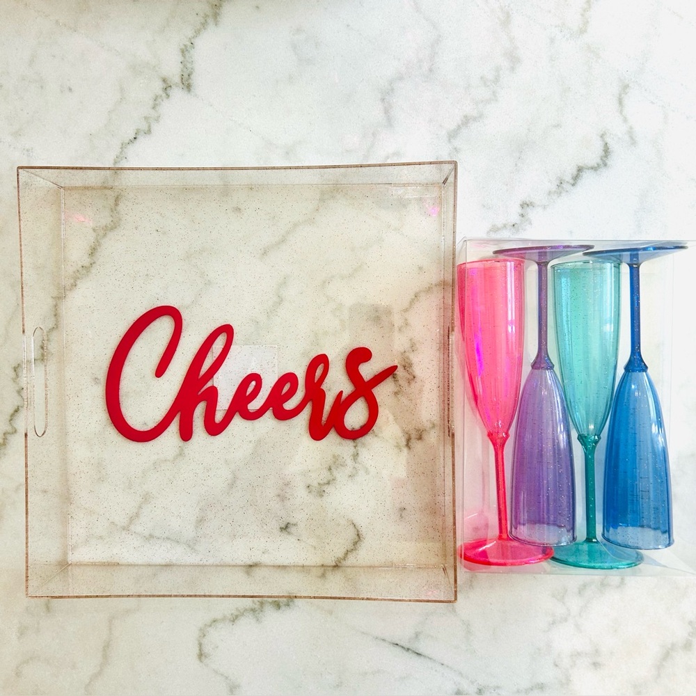 Ashland 12” Cheers Glitter Tray and 4 Count 5oz Champagne Glasses set. New. Pink